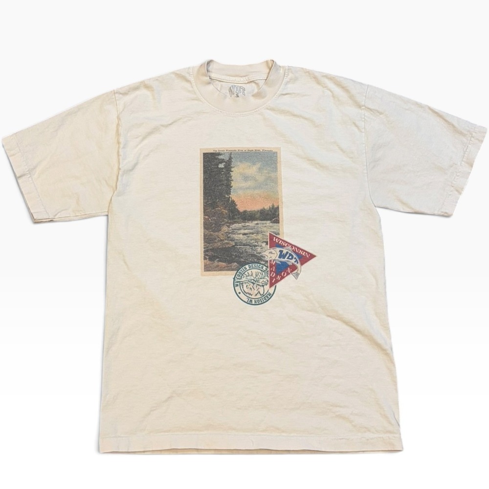 WDT Wisconsin Design Team Eagle River Graphic T-Shirt Mens Small Cream USA Made